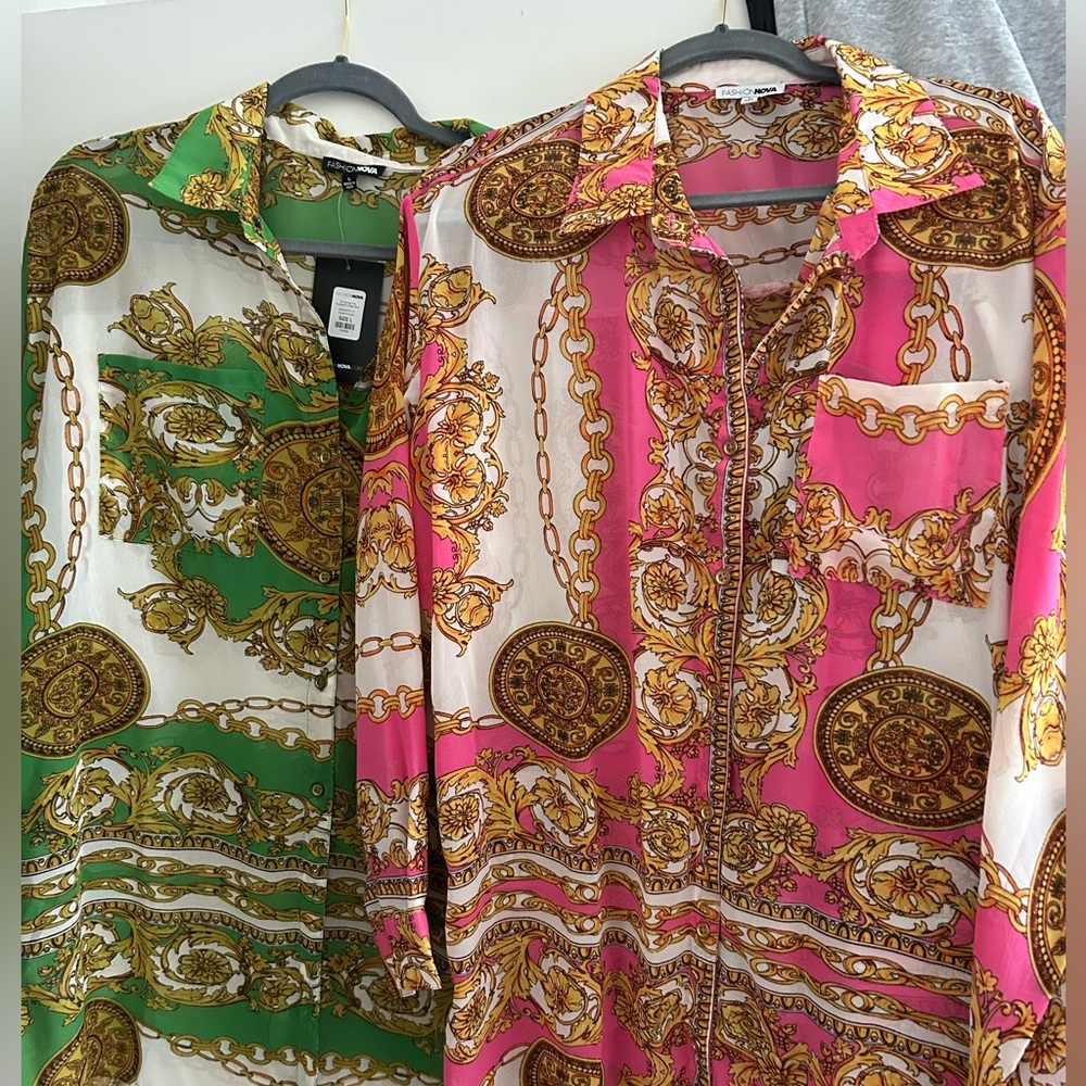 NWT Fashion Nova Green and Gold Chain Print Shirts